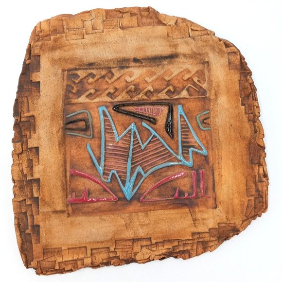 Abstract Clay Art Wall Sculpture Native American Style Vintage Signed Tribal